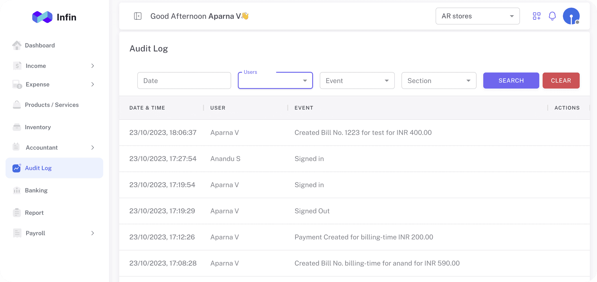 Infin audit log showing date, user, and event tracking