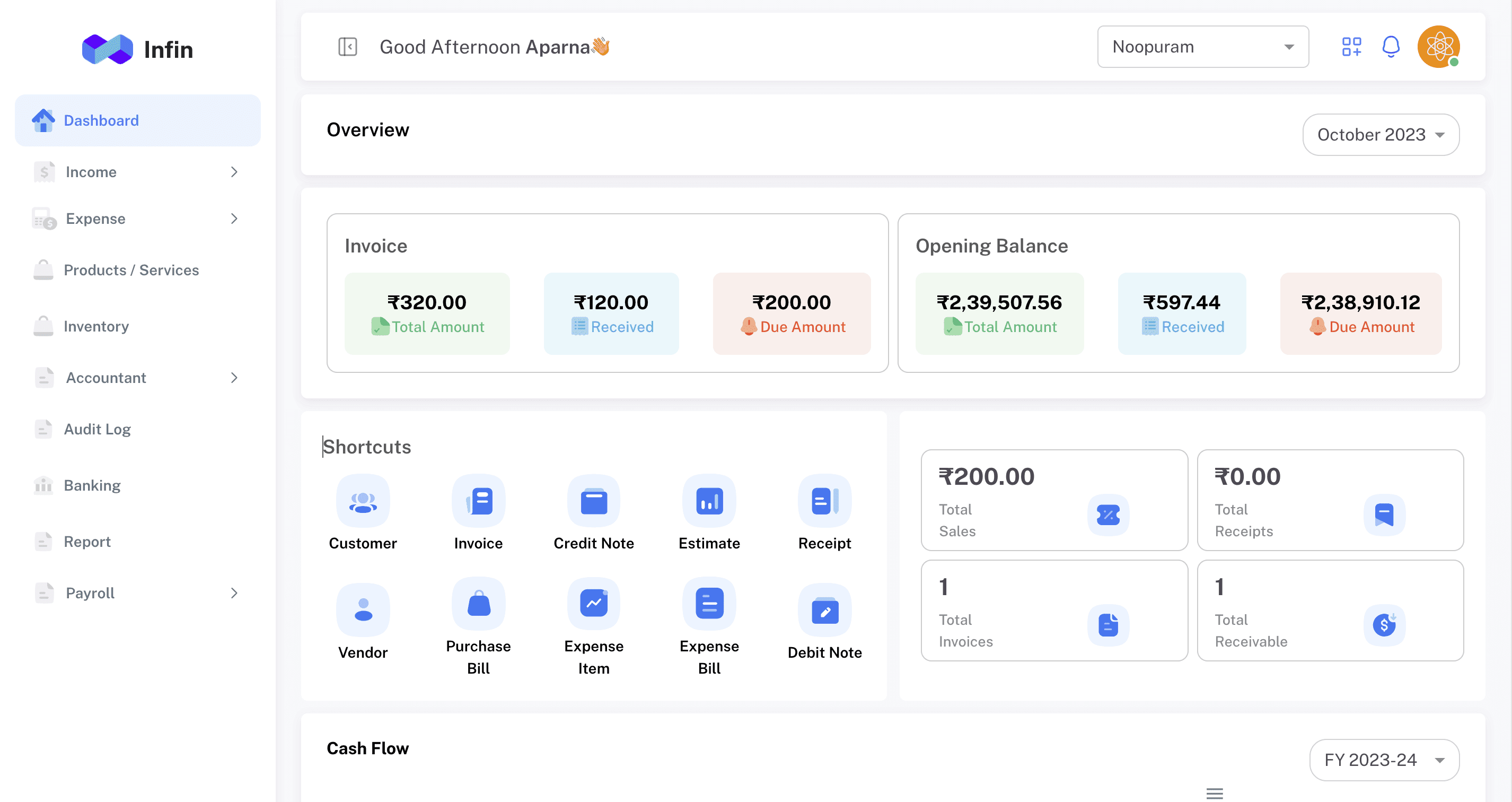 Infin dashboard with invoicing, expenses, and shortcuts